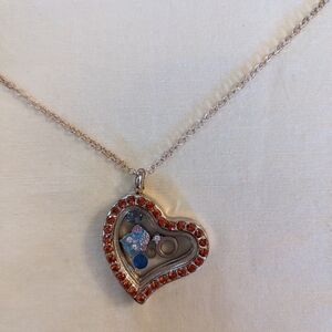 Floating Charm Locket Necklace Orange Rhinestone Memory Pendant Gold Tone T5B8E